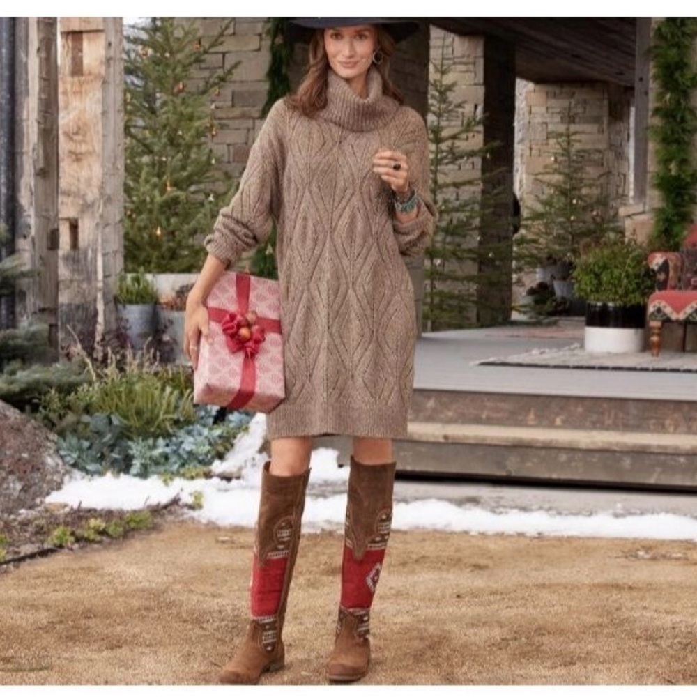 Sundance Tan Koko Cowl Knit Sweater Dress Diamond Weave Size Large